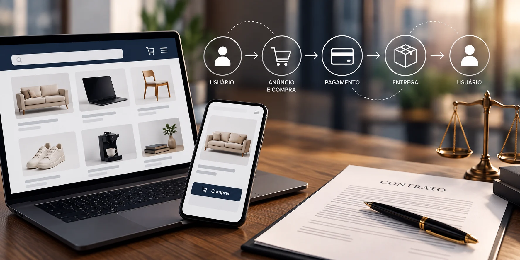 Marketplace digital com anúncios, pagamento, entrega e contrato